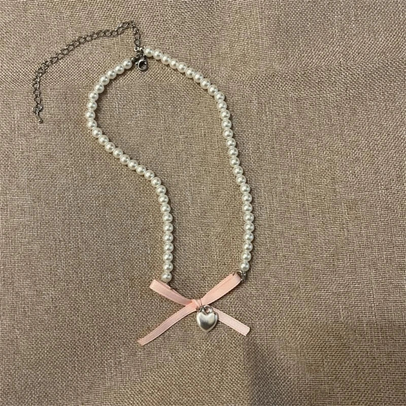 Luna Bowknot Pearl Choker with Heart Pendant