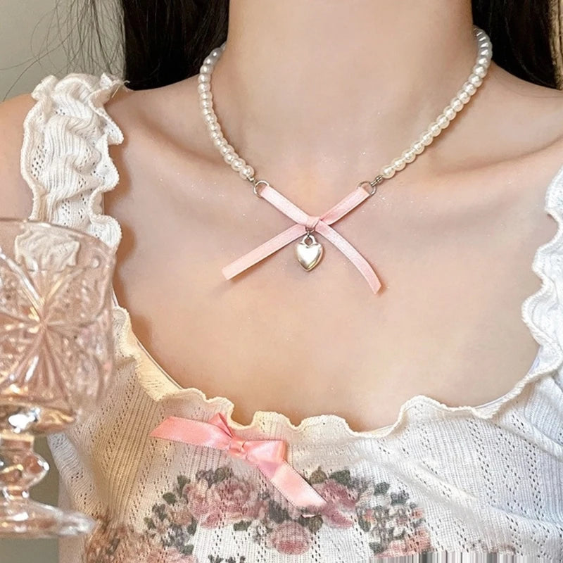 Luna Bowknot Pearl Choker with Heart Pendant