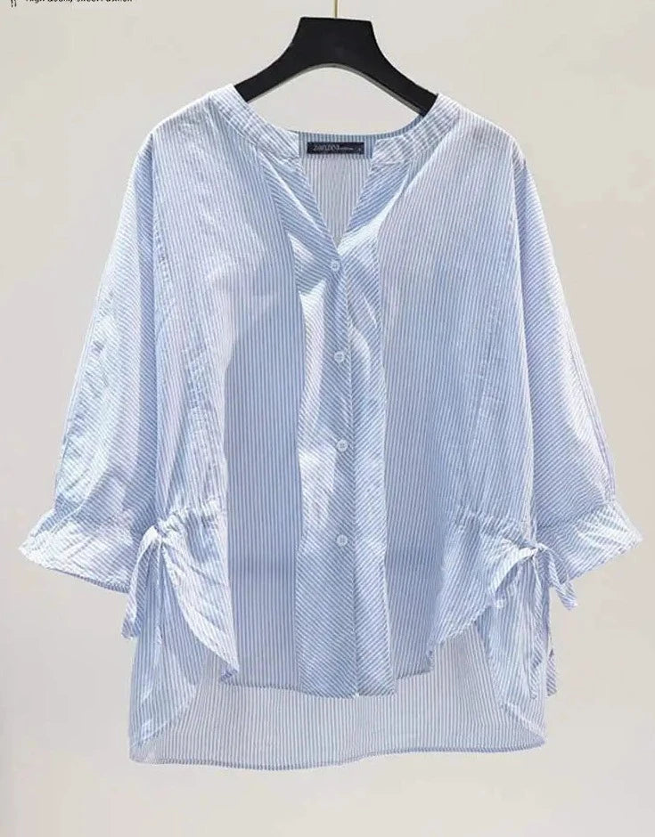 Korean Striped Blouse with V-Neck