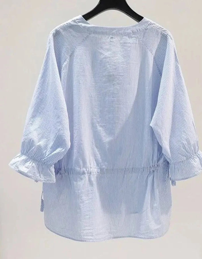 Korean Striped Blouse with V-Neck