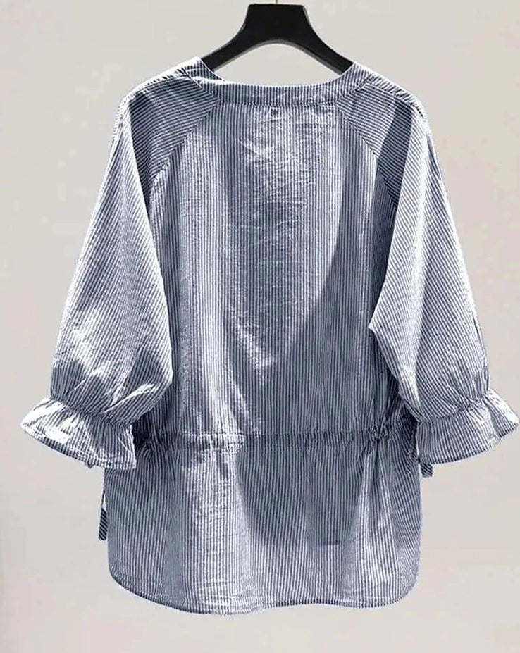 Korean Striped Blouse with V-Neck