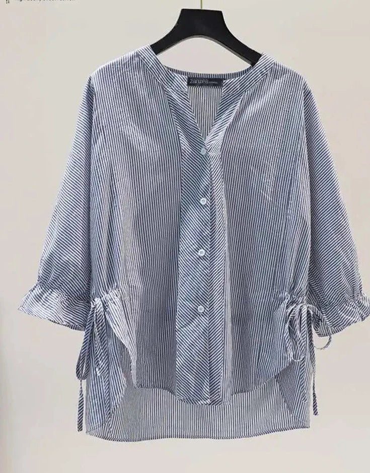 Korean Striped Blouse with V-Neck