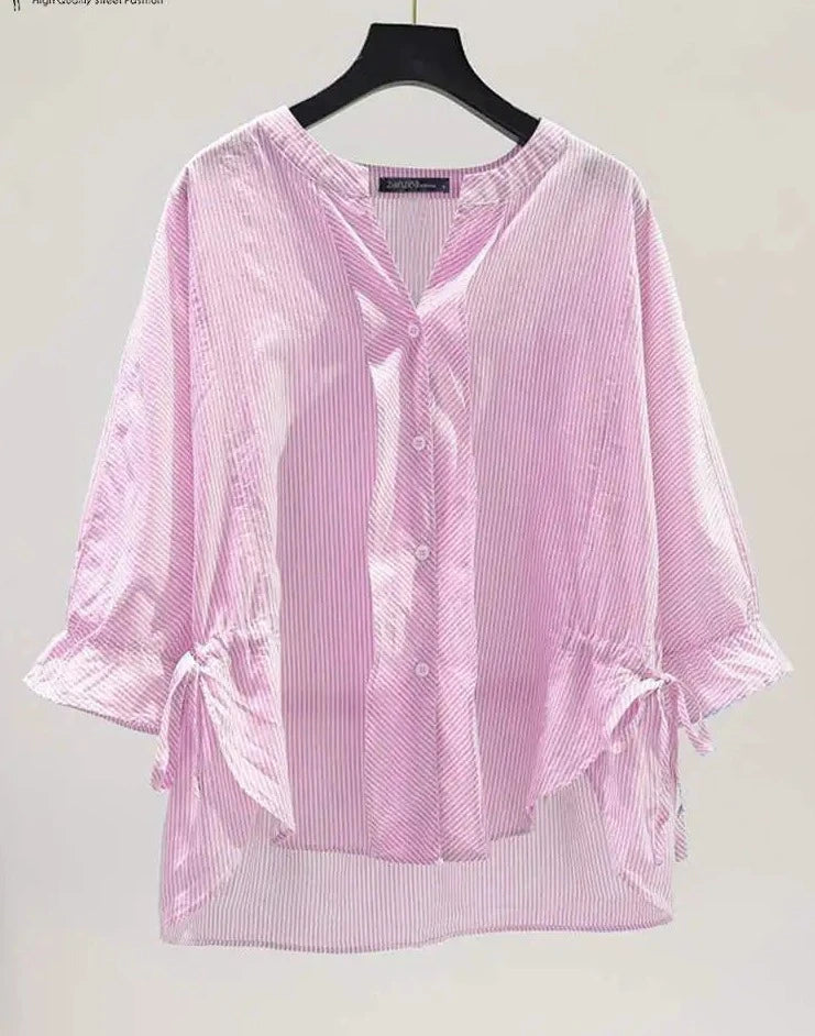 Korean Striped Blouse with V-Neck