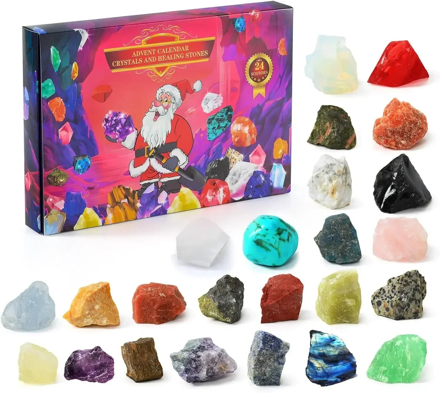 Een kleurrijke Adventskalender met kristallen en genezende stenen achter elke deur. De doos heeft een levendig ontwerp met de Kerstman en verschillende edelstenen zoals amethist, turquoise, rozenkwarts en jaspis, perfect voor kristalliefhebbers en verzamelaars.