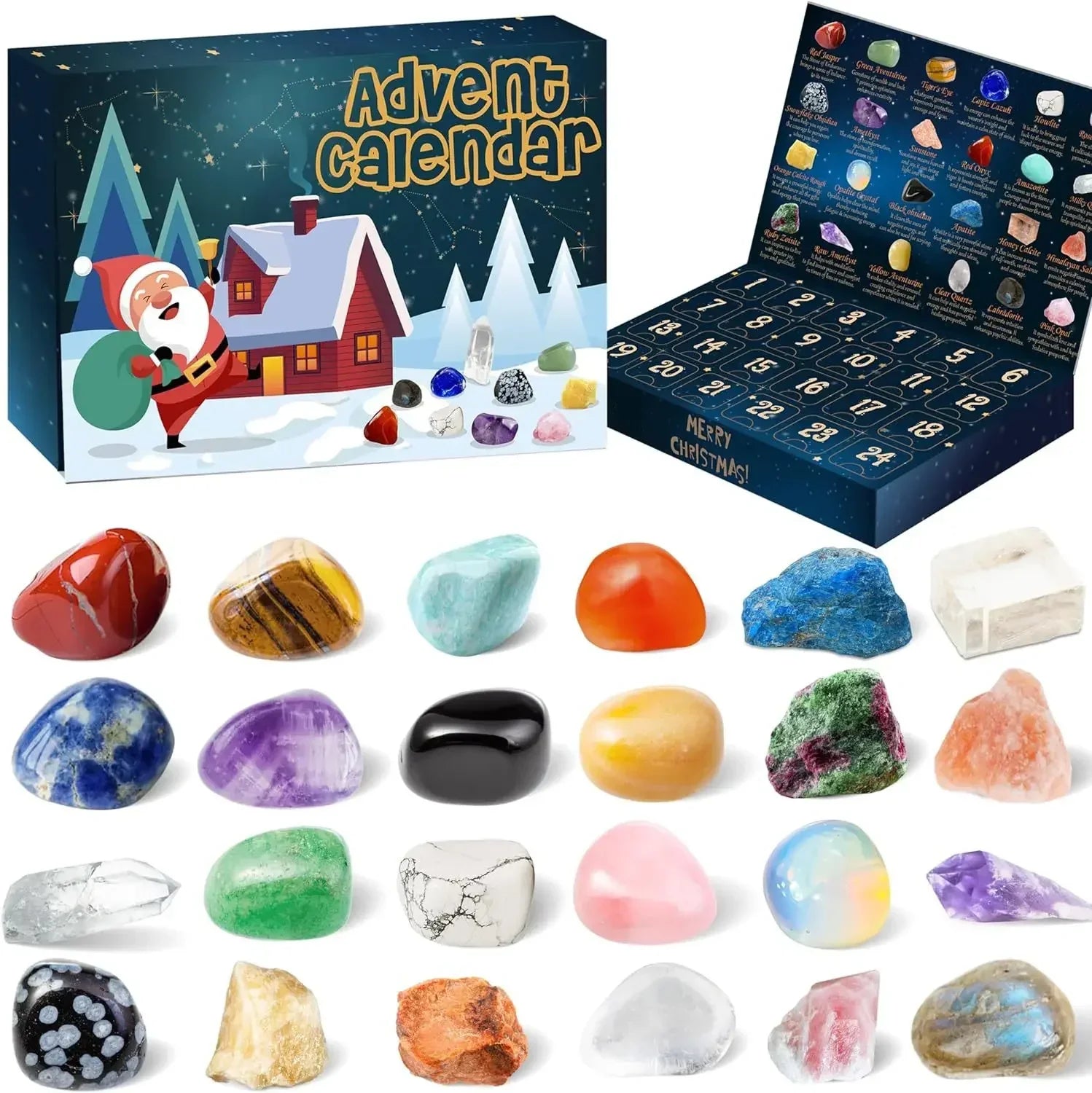 Een kerstthema Adventskalender met kleurrijke edelstenen achter elk genummerd deurtje. De kalenderdoos heeft een sneeuwachtig winterlandschap met de Kerstman, en de getoonde stenen omvatten verschillende kristallen zoals agaat, kwarts en amethist, elk individueel gevormd en levendig van kleur.