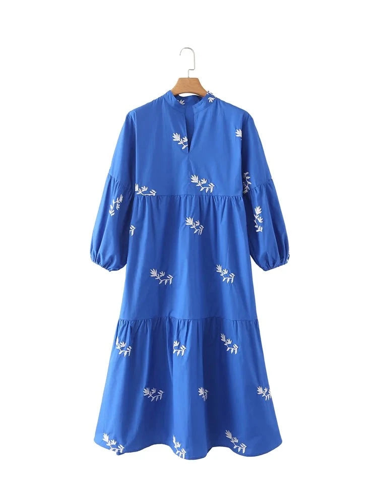 Floralista Elegante Bloemenborduur Midi-Jurk