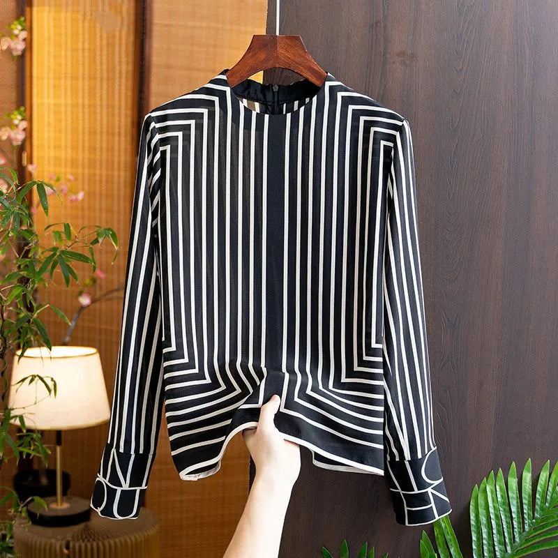 Silk Stripe Women's Blouse - Summer Geometric Print Long Shirt