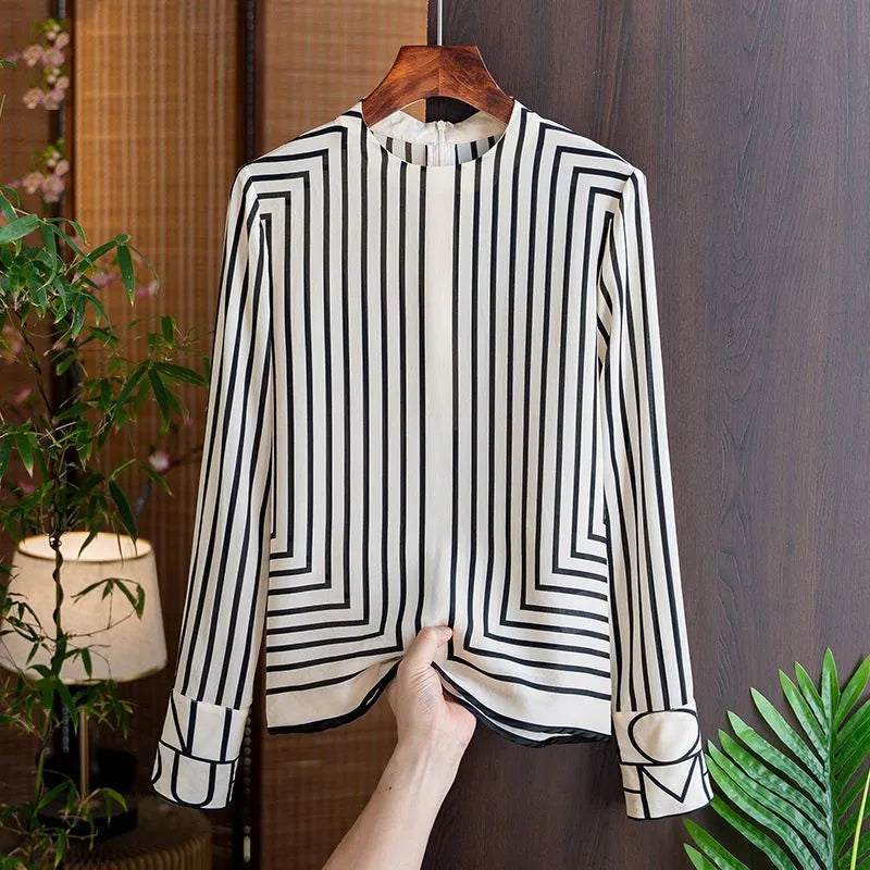 Silk Stripe Women's Blouse - Summer Geometric Print Long Shirt