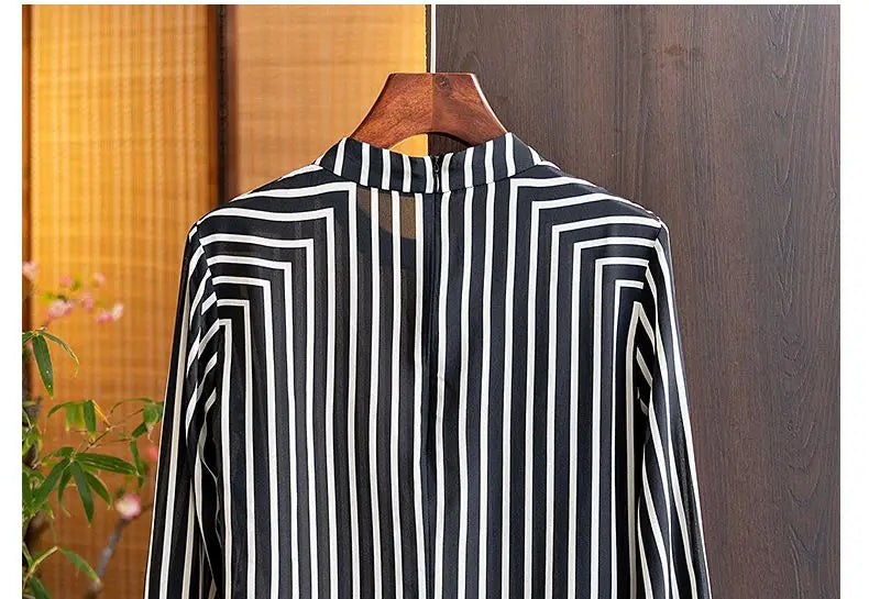 Silk Stripe Women's Blouse - Summer Geometric Print Long Shirt