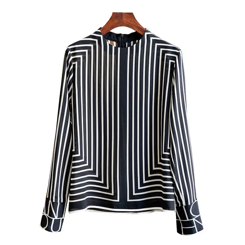 Silk Stripe Women's Blouse - Summer Geometric Print Long Shirt