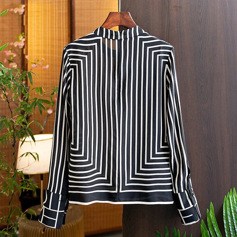 Silk Stripe Women's Blouse - Summer Geometric Print Long Shirt