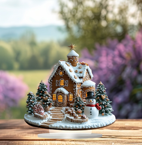 Een charmant peperkoekhuisje versierd met wit glazuur en kleine details, omringd door miniatuurboompjes en een sneeuwpop. Het huis gloeit van binnen, met een zacht licht dat de scène verlicht, tegen een levendige achtergrond van groen en bloemen.