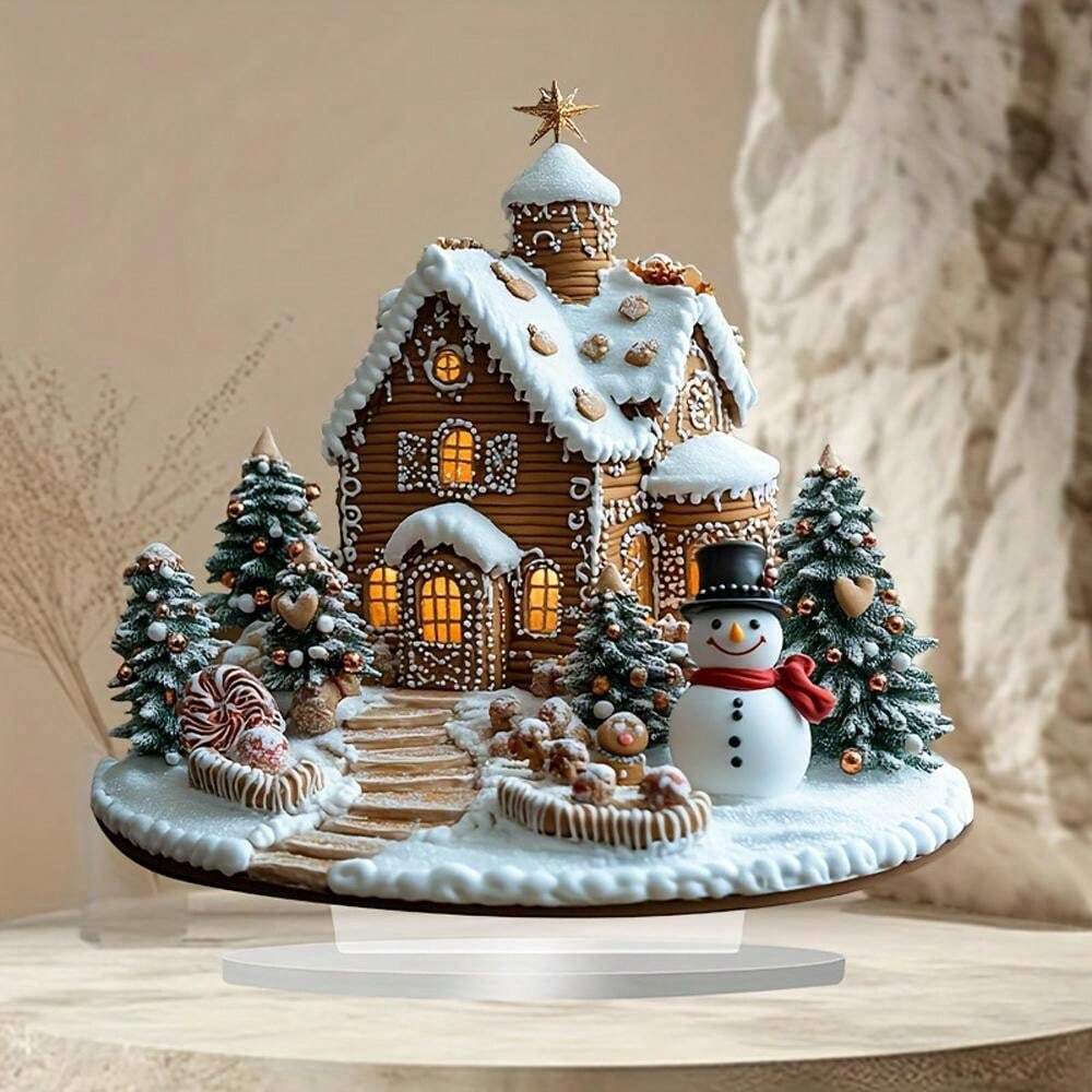 Een prachtig versierd peperkoekhuis met besneeuwde daken, versierd met feestelijke glazuurdetails en omringd door kleine peperkoekboompjes en een lachende sneeuwpop. Het huis is van binnenuit verlicht, waardoor een warm, gloeiend effect ontstaat, perfect voor de feestdagen.