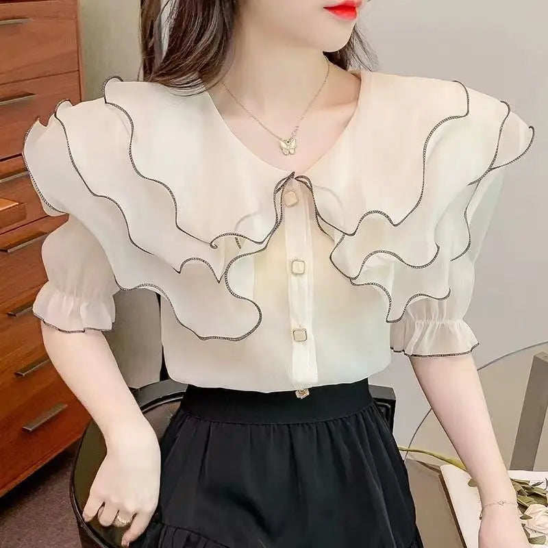 Whispering Petals Airy Chiffon Blouse with Peter Pan Collar and Ruffles