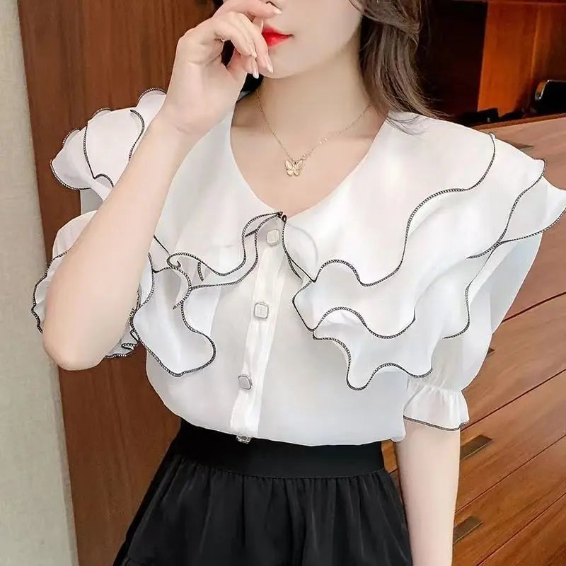 Whispering Petals Airy Chiffon Blouse with Peter Pan Collar and Ruffles