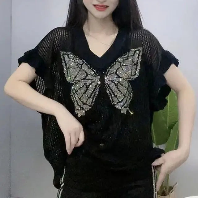 Zomers Rüschen und Schmetterlinge Diamanten T-Shirt