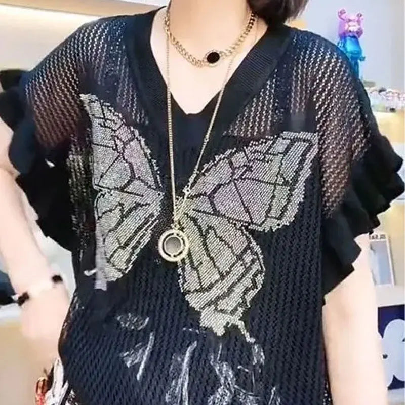 Zomers Rüschen und Schmetterlinge Diamanten T-Shirt