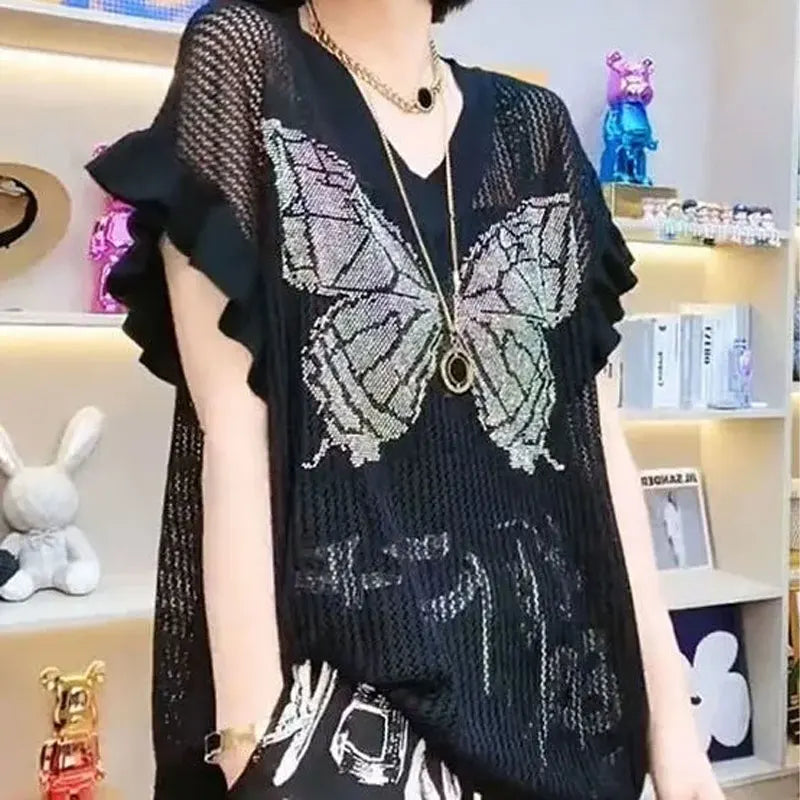 Zomers Rüschen und Schmetterlinge Diamanten T-Shirt