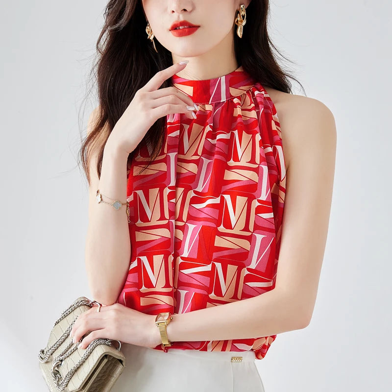 LunaMode Elegant Chiffon Sleeveless Blouse with Letter Print and V-neck