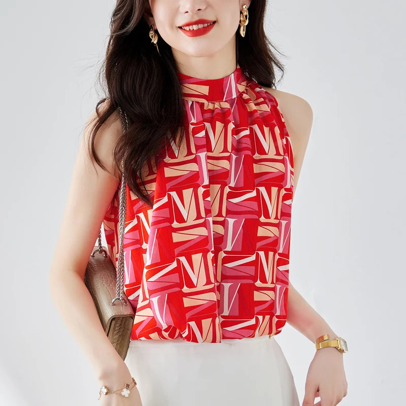 LunaMode Elegante Blusa Senza Maniche in Chiffon con Stampa di Lettere e Scollo a V