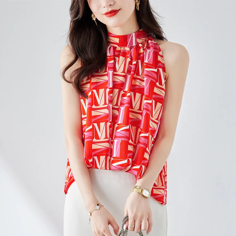 LunaMode Elegante Blusa Senza Maniche in Chiffon con Stampa di Lettere e Scollo a V