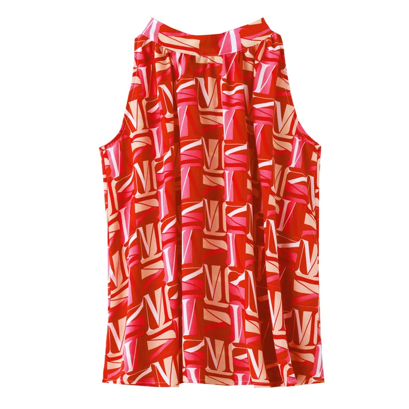 LunaMode Elegant Chiffon Sleeveless Blouse with Letter Print and V-neck