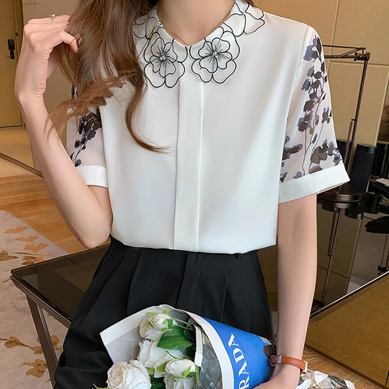 Camicetta estiva con maniche corte - Camicetta in chiffon con stampa alla moda - Top elegante da donna