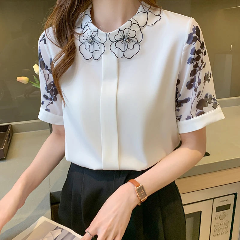 Camicetta estiva con maniche corte - Camicetta in chiffon con stampa alla moda - Top elegante da donna