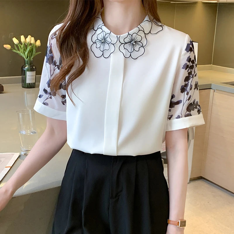 Camicetta estiva con maniche corte - Camicetta in chiffon con stampa alla moda - Top elegante da donna
