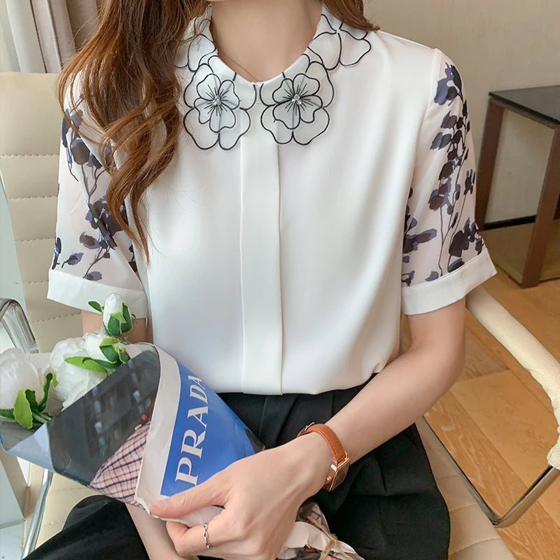 Camicetta estiva con maniche corte - Camicetta in chiffon con stampa alla moda - Top elegante da donna