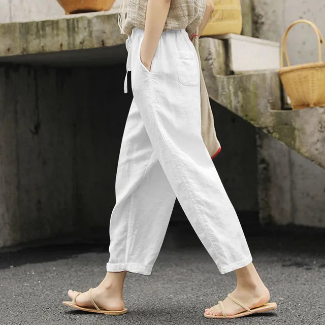 Pantaloni Casual Estivi Sottili Donna Cotone Lino Colore Tinta Unita Tasche Pantaloni con Coulisse