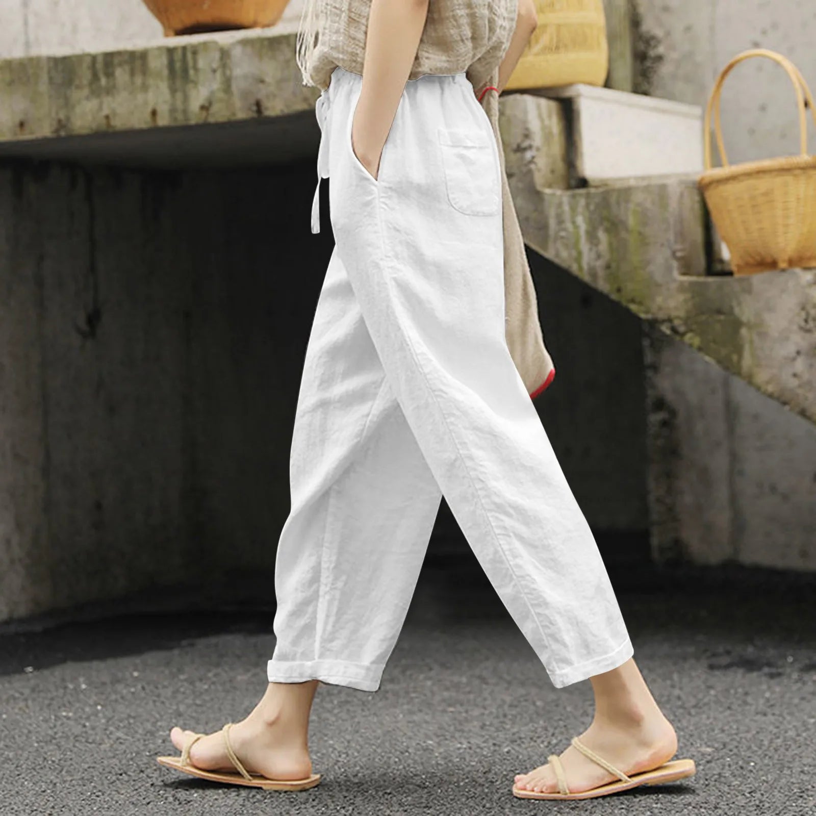 Pantaloni Casual Estivi Sottili Donna Cotone Lino Colore Tinta Unita Tasche Pantaloni con Coulisse