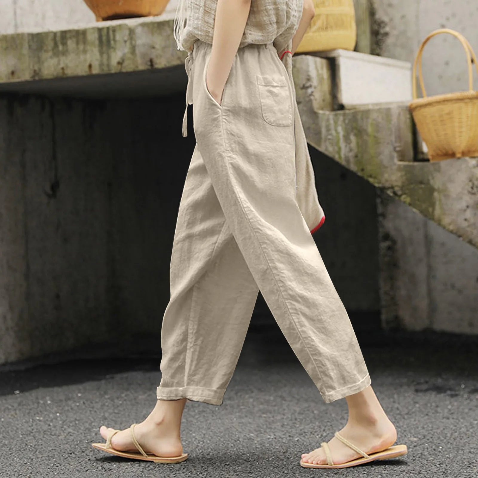 Pantaloni Casual Estivi Sottili Donna Cotone Lino Colore Tinta Unita Tasche Pantaloni con Coulisse