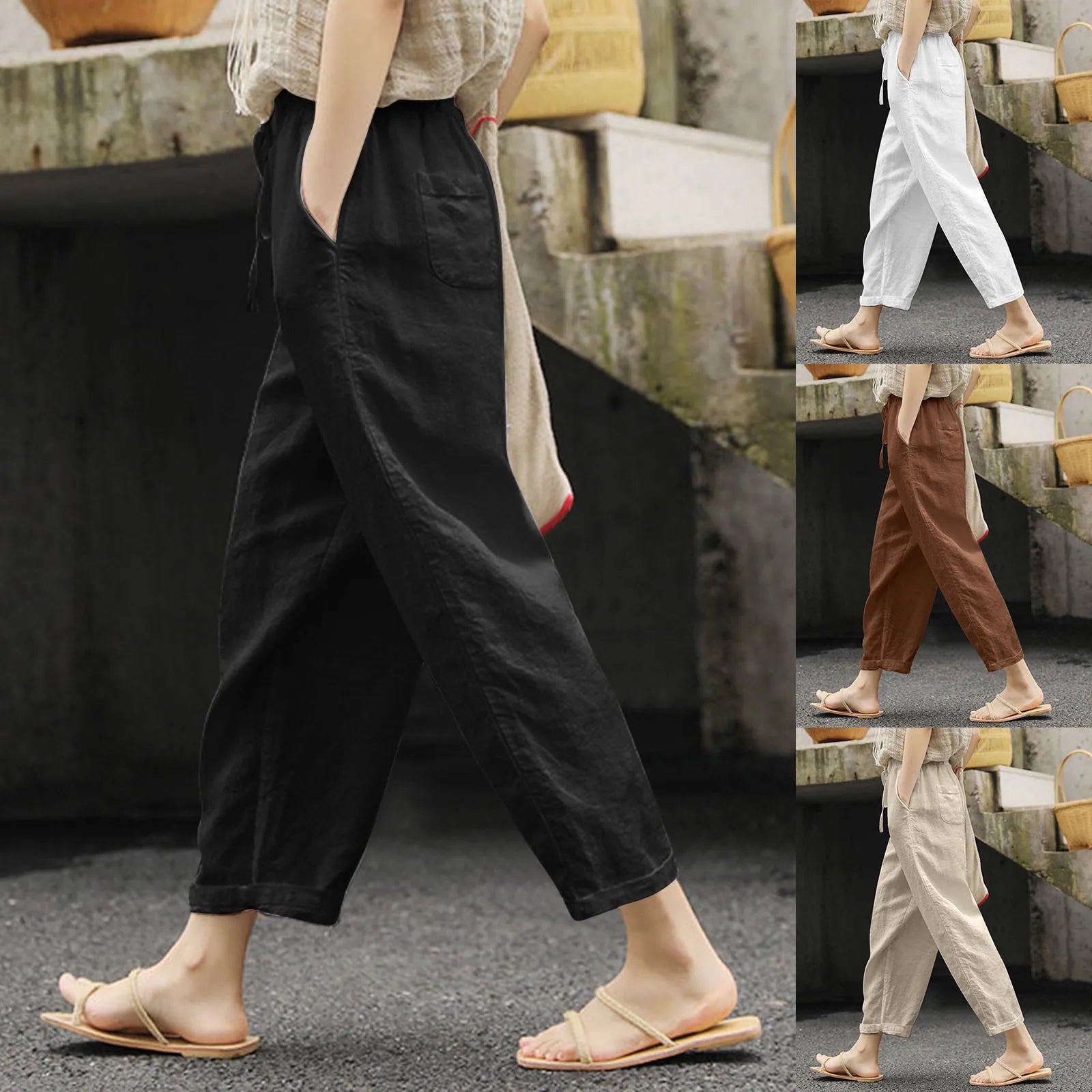 Pantaloni Casual Estivi Sottili Donna Cotone Lino Colore Tinta Unita Tasche Pantaloni con Coulisse