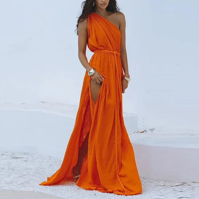 LuxeVogue's Zomerse Chic Diagonale Kraag Lange Jurk