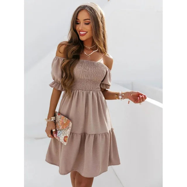 NewWave Fashion zomer effen kleuren jurk met schuine hals
