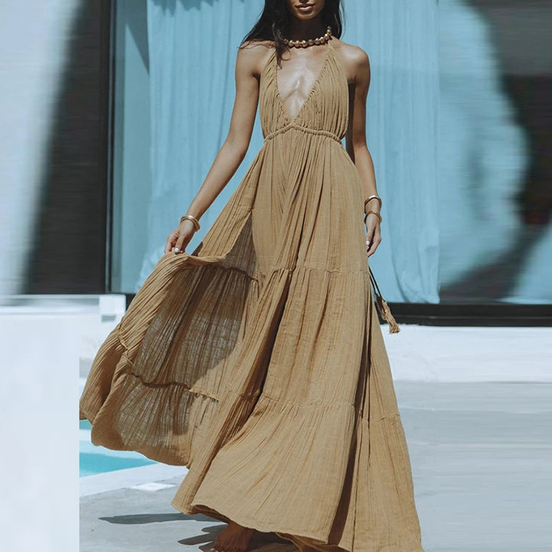 Elegant Summer Pleated Halter Dress