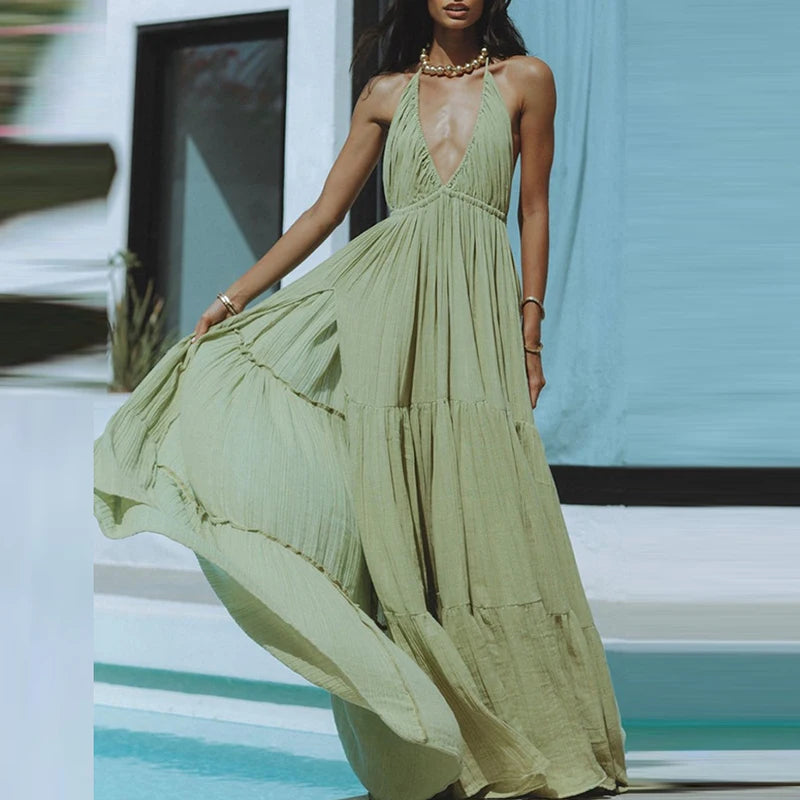 Elegant Summer Pleated Halter Dress