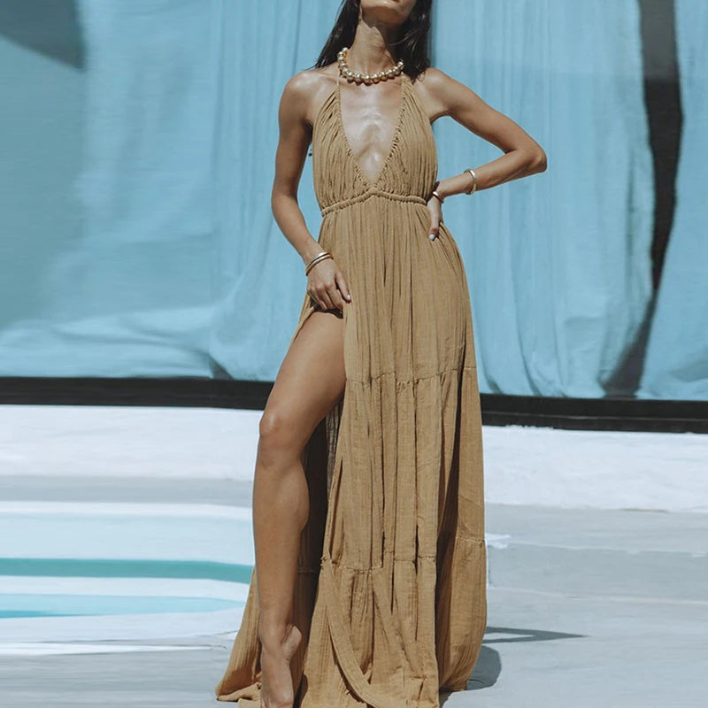 Elegant Summer Pleated Halter Dress
