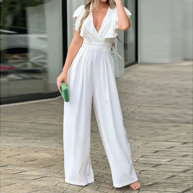 Zomerse Chic: V-hals Jumpsuit met Vlindermouwen voor Dames