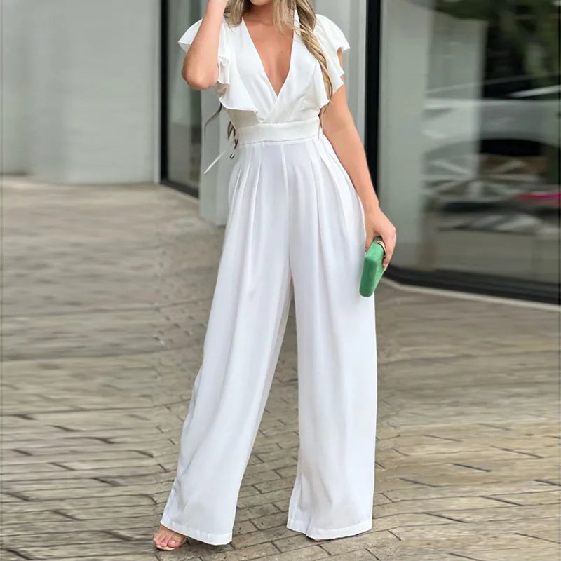 Sommerlicher Chic: V-Ausschnitt Jumpsuit mit Schmetterlingsärmeln für Damen