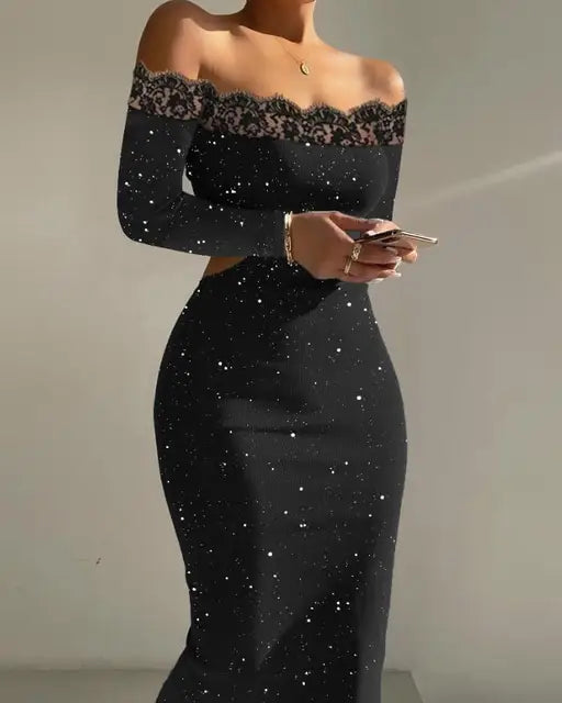 Zomer Jurken Vrouw Sexy Party Glitter Contrast Kant Midi Jurk