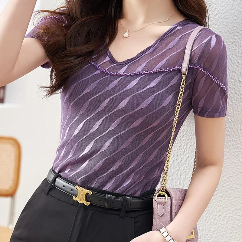 Zomer Patchwork Netstof V-hals T-shirt voor Vrouwen