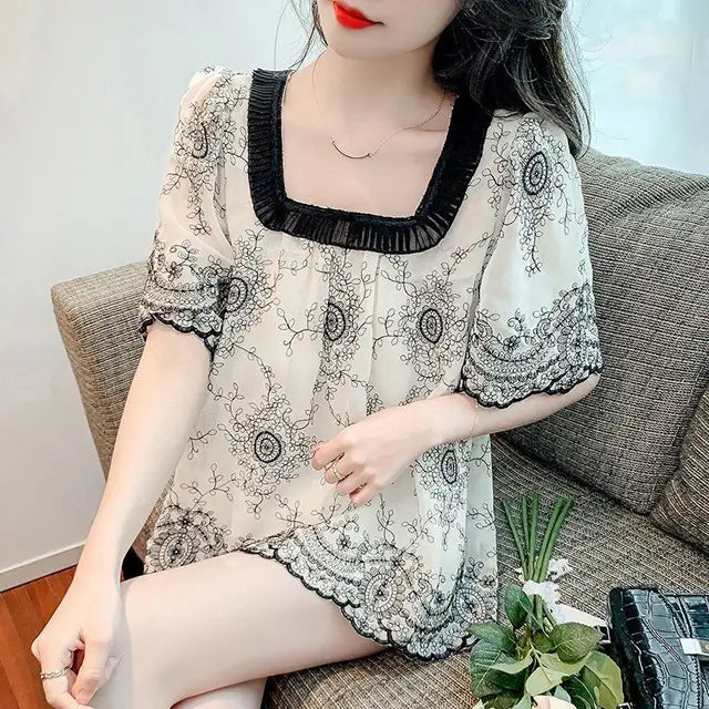 Zomerse Mode Vierkante Kraag Patchwork Blouse