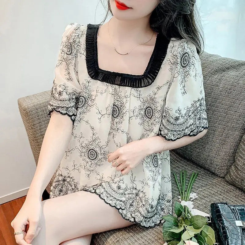 Zomerse Mode Vierkante Kraag Patchwork Blouse
