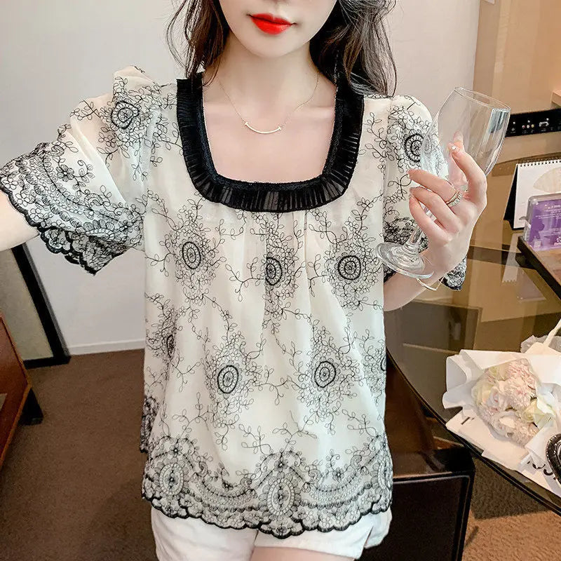 Sommermode Quadratischer Kragen Patchwork Bluse