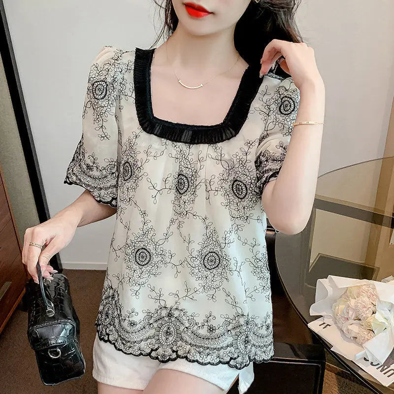 Sommermode Quadratischer Kragen Patchwork Bluse