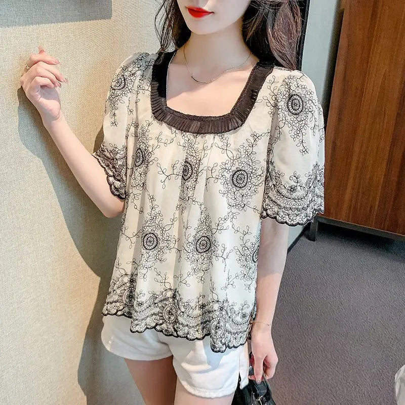 Sommermode Quadratischer Kragen Patchwork Bluse