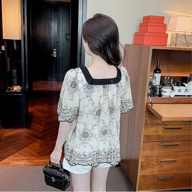 Sommermode Quadratischer Kragen Patchwork Bluse