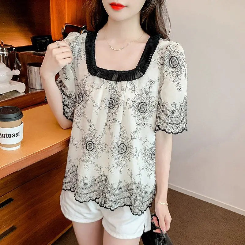 Sommermode Quadratischer Kragen Patchwork Bluse